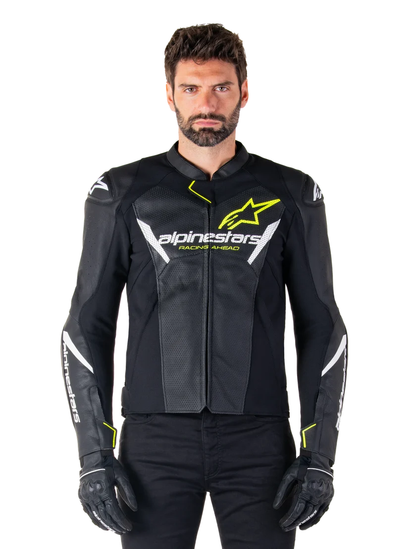 Alpinestars Faster v3 Airflow Leather Motorcycle Jacket – Black / Fluo Yellow