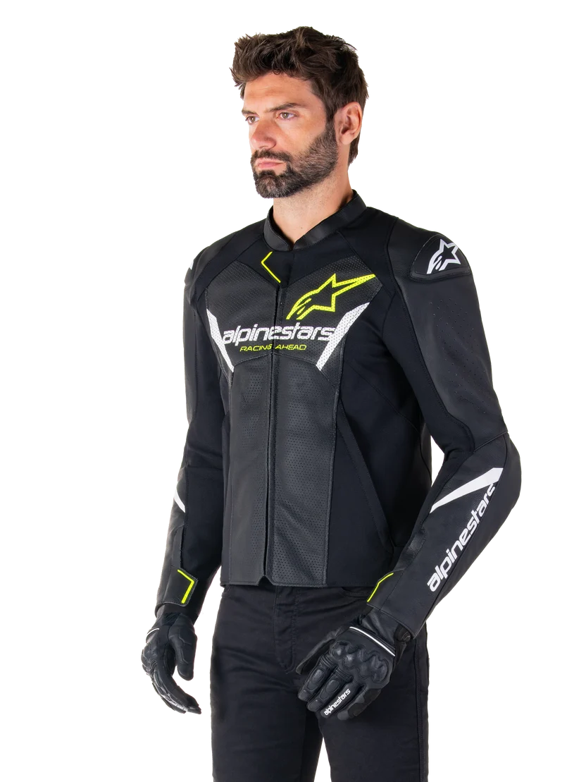Alpinestars Faster v3 Airflow Leather Motorcycle Jacket – Black / Fluo Yellow