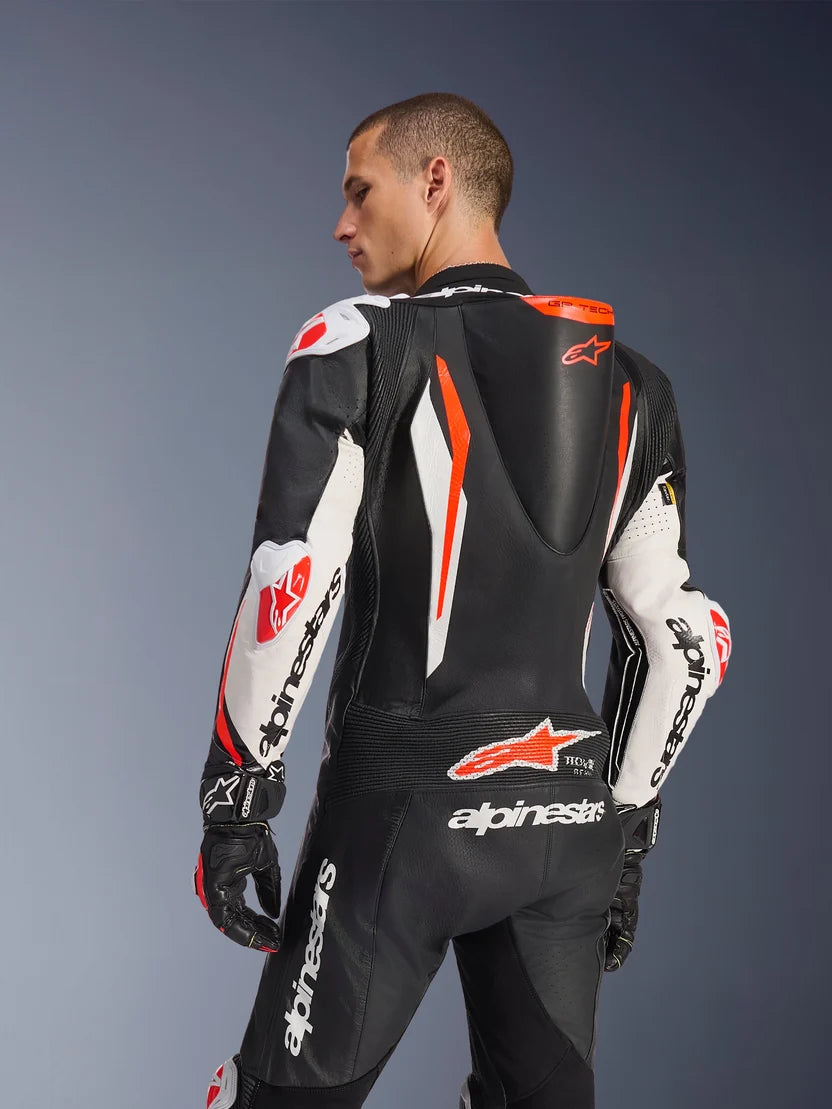 Alpinestars GP Tech V5 1-Piece Leather Suit – Black / White / Red Fluo