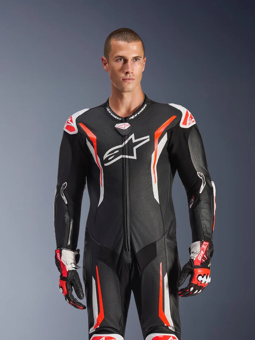 Alpinestars GP Tech V5 1-Piece Leather Suit – Black / White / Red Fluo