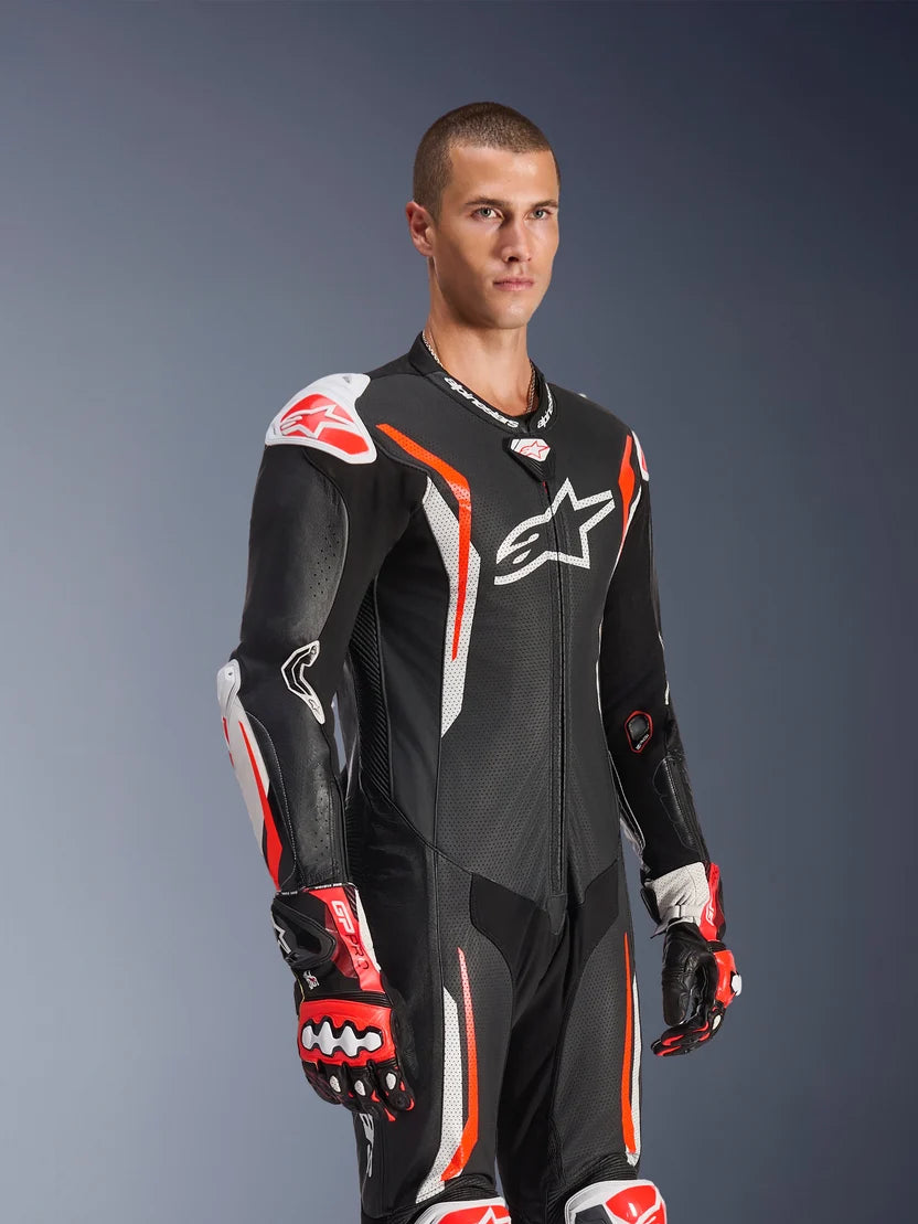 Alpinestars GP Tech V5 1-Piece Leather Suit – Black / White / Red Fluo
