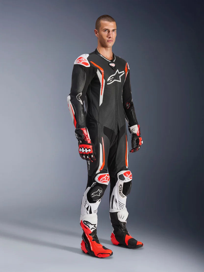 Alpinestars GP Tech V5 1-Piece Leather Suit – Black / White / Red Fluo