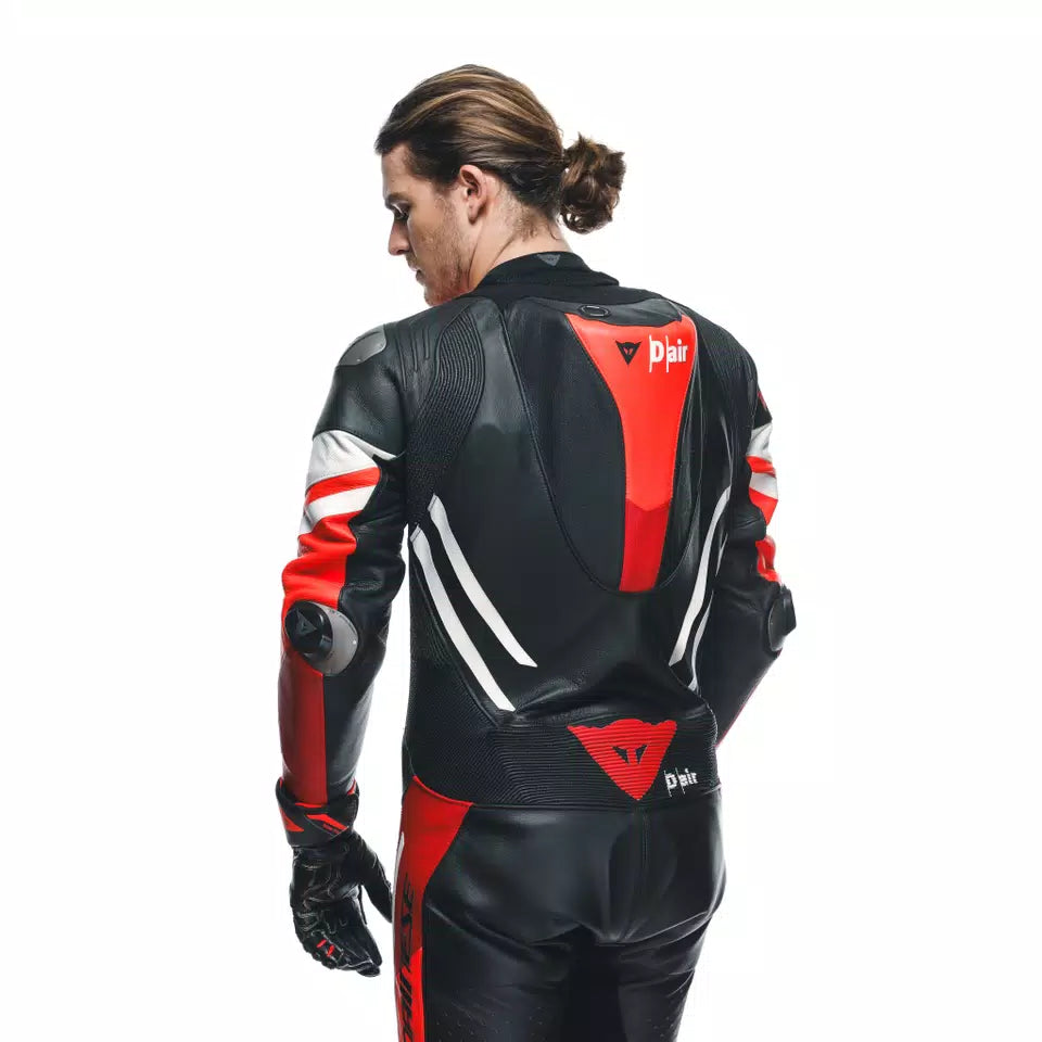 Men's One-Piece Airbag Leather Motorcycle Suit – Red White Black Track Suit
