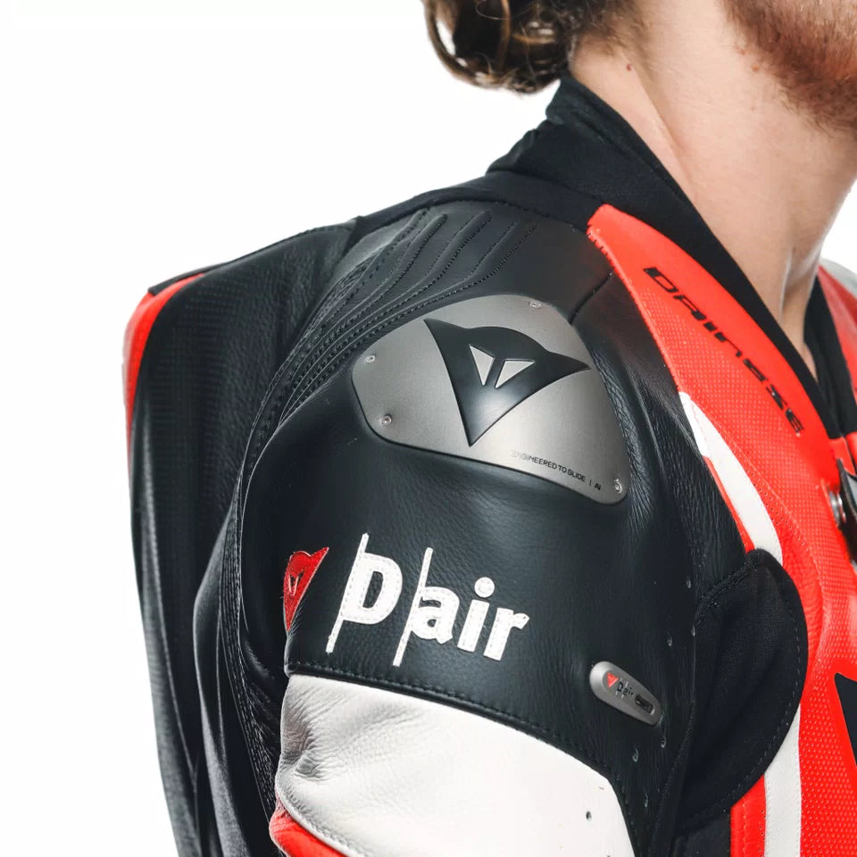 Men's One-Piece Airbag Leather Motorcycle Suit – Red White Black Track Suit