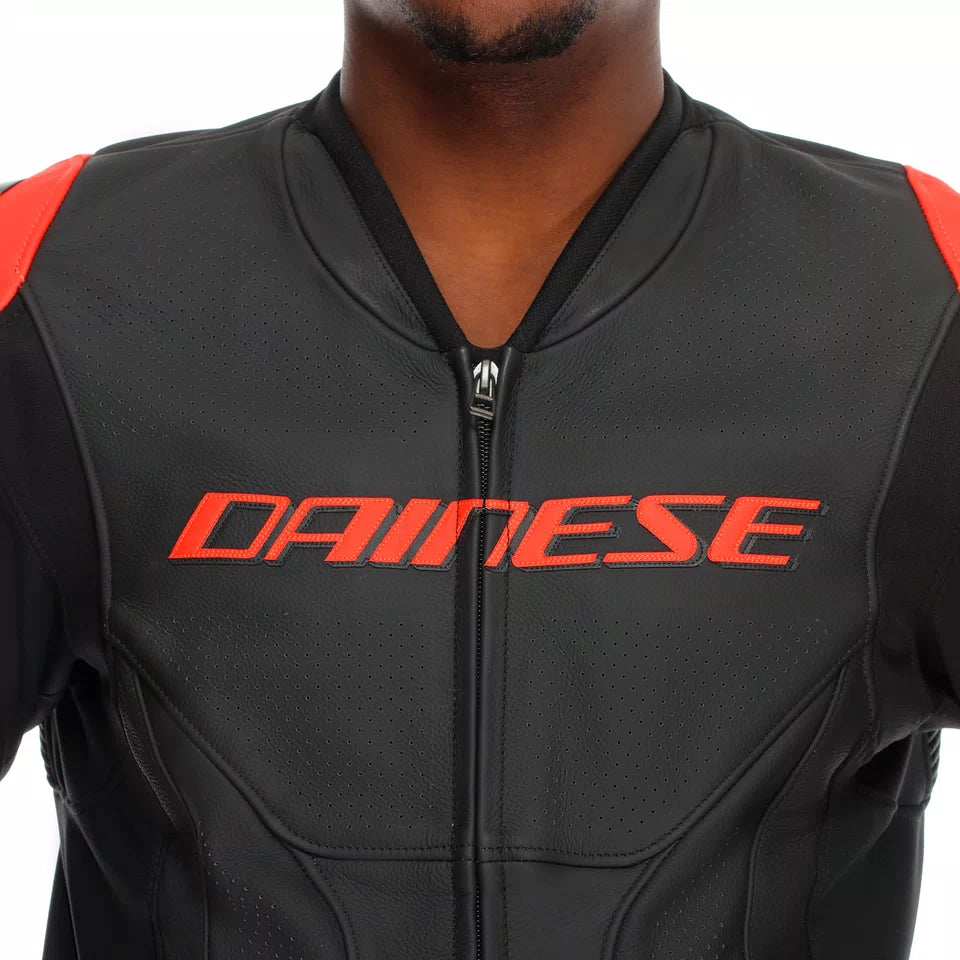 Dainese Super Speed 4 Perforated Leather Motorcycle Jacket – Black & Fluo Red