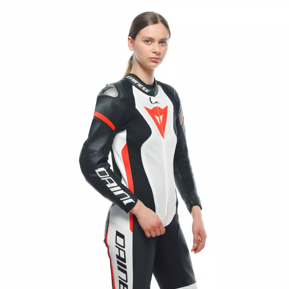 Dainese Grobnik Women's 1-Piece Perforated Leather Suit – Black / White / Fluo Red