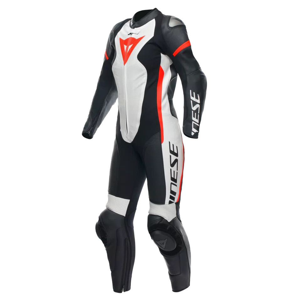 Dainese Grobnik Women's 1-Piece Perforated Leather Suit – Black / White / Fluo Red