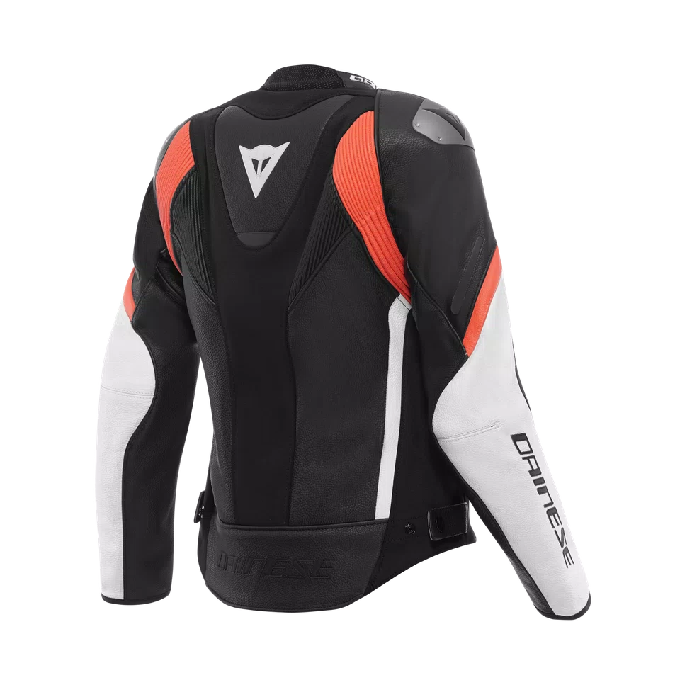 Dainese Racing 4 Women's Leather Motorcycle Jacket – Black / White / Fluo Red