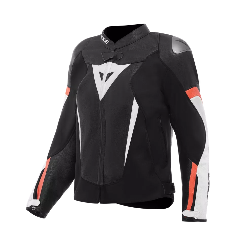 Dainese Racing 4 Women's Leather Motorcycle Jacket – Black / White / Fluo Red